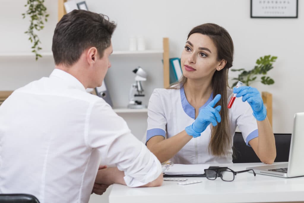 Doctor explaining blood test fasting time for accurate diabetes treatment results and blood sugar control