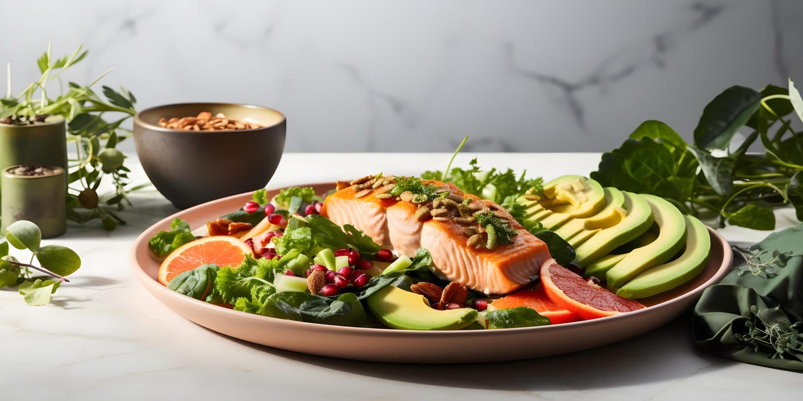 Plate of fertility enhancing foods including salmon, avocado, and berries